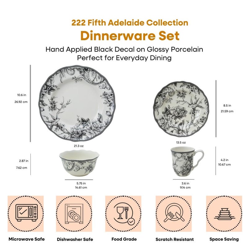 222 Fifth Adelaide 16-Piece Black Porcelain Dinnerware Set â€“ Service for 4, Featuring Hand-Applied Romantic Woodland Bird Design, for Everyday Dining & Entertainment, Microwave & Dishwasher Safe - Image 2